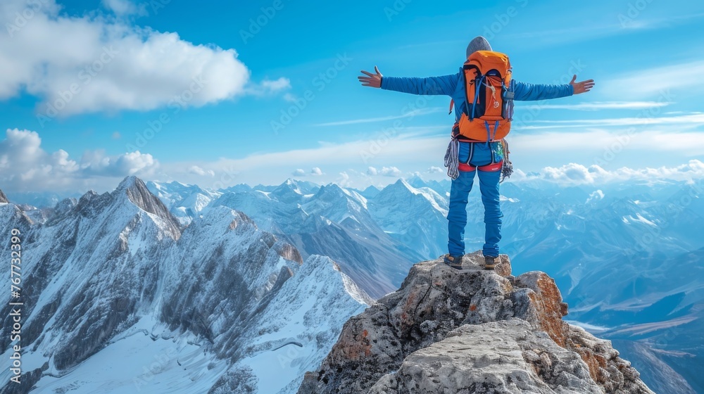 A lone traveler stands atop a windswept mountain peak arms outstretched basking in the breathtaking panorama a sense of awe and accomplishment radiating from their posture. A lone traveler stands atop a windswept mountain peak arms outstretched basking in the breathtaking panorama a sense of awe and accomplishment radiating from their posture.