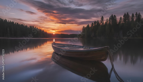 a boat is tied up on a lake with the sun setting behind it