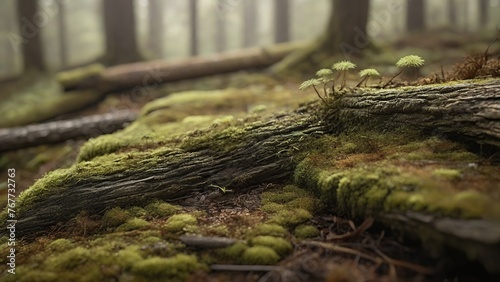 Marvel at the intricate details of the forest floor as you discover chunks of wood adorned with delicate green moss, a testament to the resilience of life in nature.