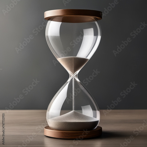 Hourglass on a wooden table and gray background. Time concept.