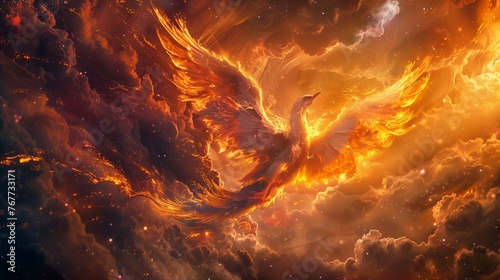 A mythical phoenix rising from the ashes, its feathers ablaze with vibrant hues of orange, red, and gold, as it spreads its majestic wings against a backdrop of swirling cosmic clouds.