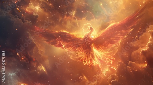 A mythical phoenix rising from the ashes, its feathers ablaze with vibrant hues of orange, red, and gold, as it spreads its majestic wings against a backdrop of swirling cosmic clouds.