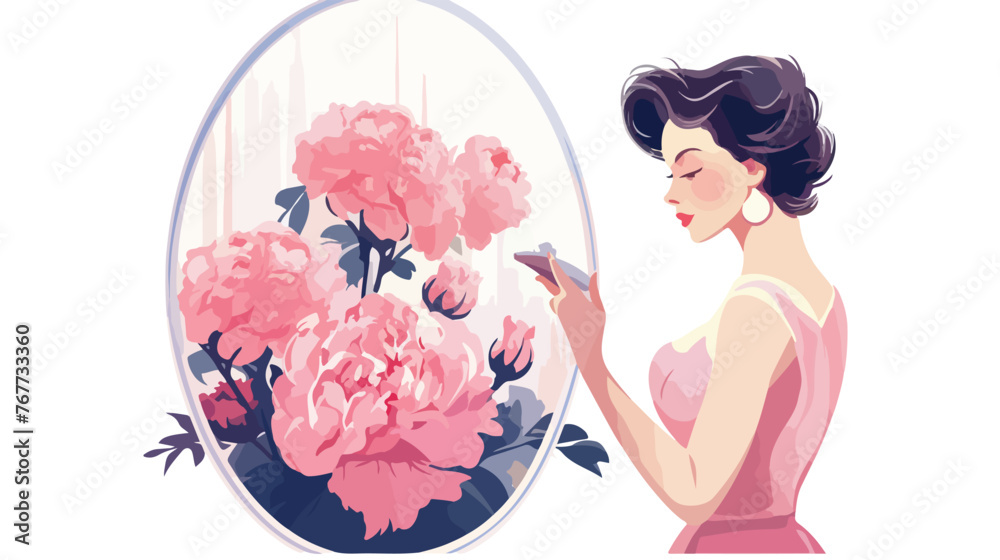 Vintage Lady in front of Mirror with Peonies Flat vector