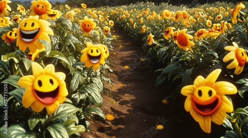 A field of smiling sunflowers with happy faces