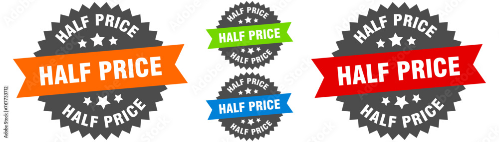 half price sign. round ribbon label set. Seal half price sign. round ribbon label set. Seal