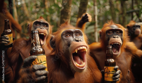 A group of happy monkeys holding beer bottles in their hands, they all have wide open mouths and surprised looks on their faces photo