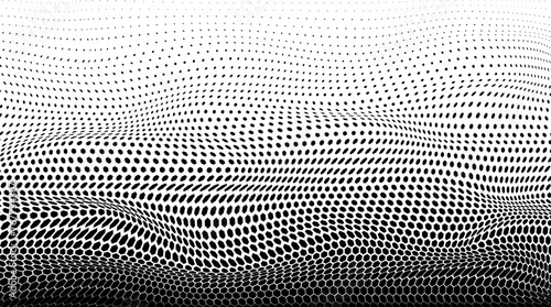 Wavy half tone optical effect. Spotted texture. Abstract background with dots. Halftone dot pattern. Black white banner. Futuristic pop art print. Monochrome vector illustration.