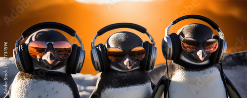 Penguins with headphones enjoying music in snow © Michal