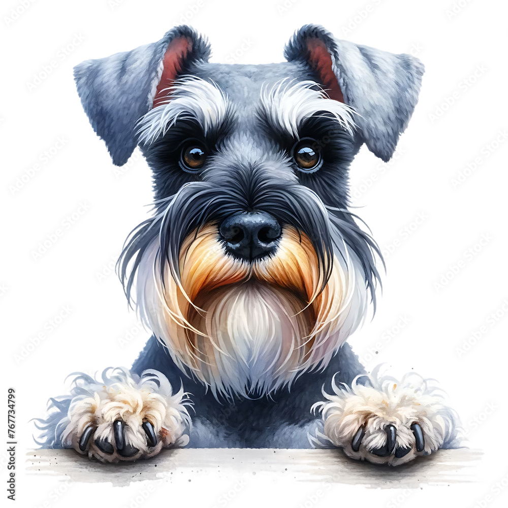 Peeking Dog Miniature Schnauzer Portrait Watercolor Clipart Png Ai Generated illustration