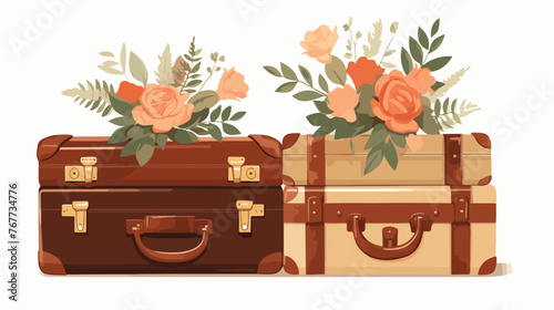 Vintage Travel Bags and Flowers Flat vector