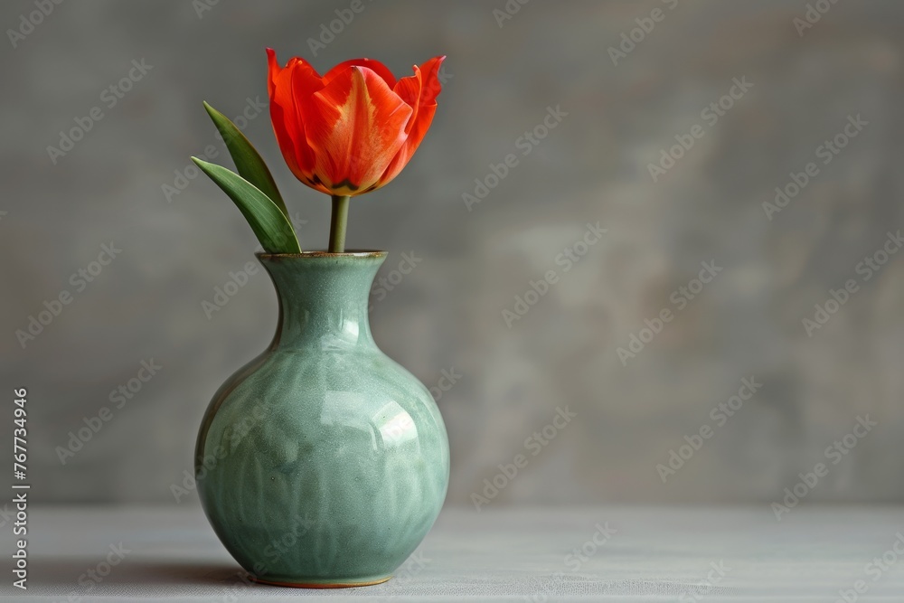 A single vibrant tulip showcased in a jade green vase against a gray backdrop A single vibrant tulip showcased in a jade green vase against a gray backdrop