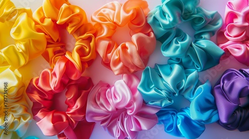 A vibrant array of colorful silk scrunchies arranged on a pristine white surface, each one catching the light in a mesmerizing display of hues.