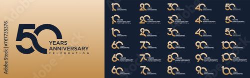 collection of 10 to 100th anniversary logotype design, with golden color for celebration event, wedding, greeting card, and invitation, vector illustration