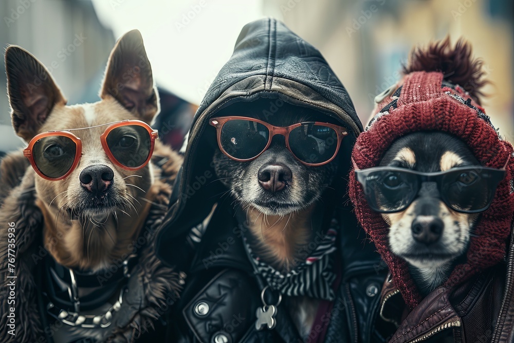 A stylish street gang of dogs wearing sunglasses and jackets. Generative AI