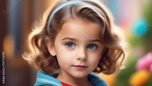 Portrait cute caucasian child looking at camera. Serious little kid girl on sunny abctract background in colored light