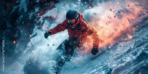 Snowboarder demonstrating powerful moves on a mountain, energetic background with fire-like effects. © Nattadesh