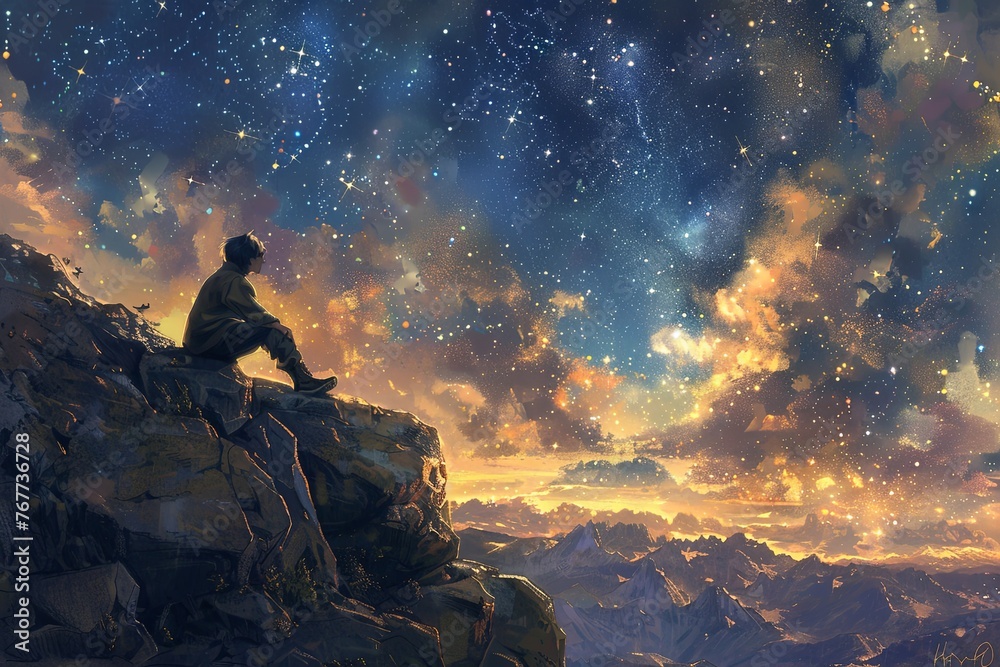 A man is sitting on a mountain peak, looking up at the sky filled with stars, deep in contemplation. Generative AI A man is sitting on a mountain peak, looking up at the sky filled with stars, deep in contemplation. Generative AI