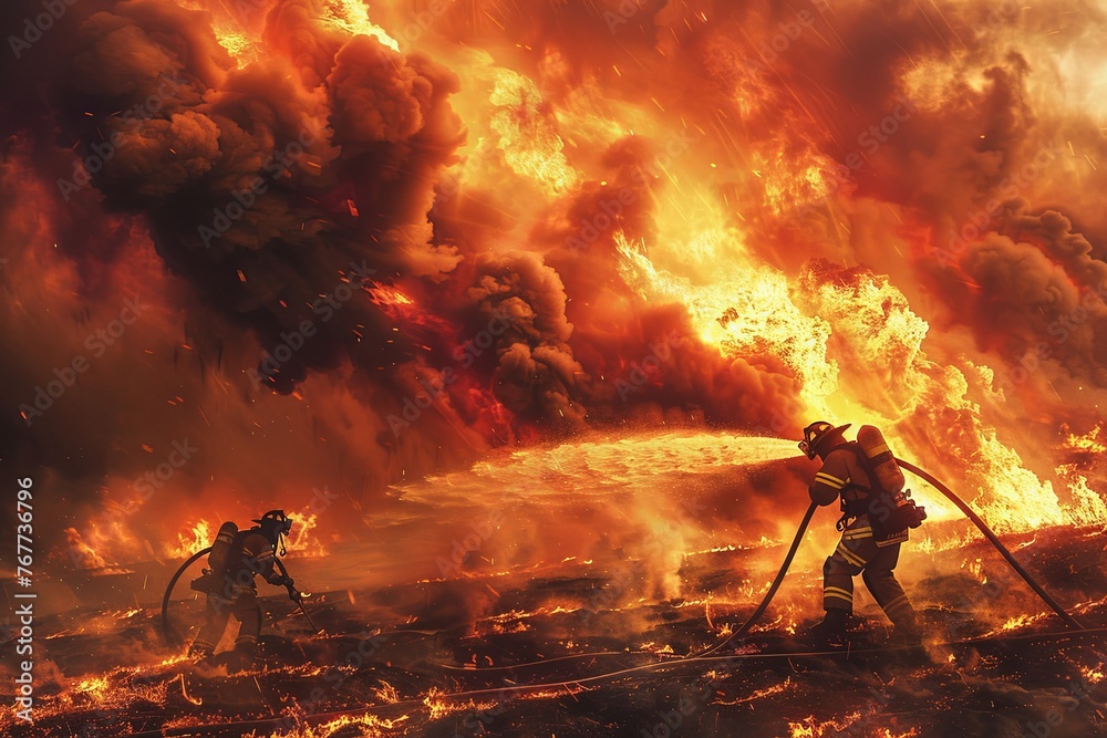 A group of firefighters in full gear standing in front of a huge fire, battling the raging inferno with determination and teamwork. Generative AI - obrazy, fototapety, plakaty 
