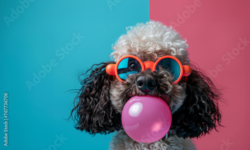 A poodle with sunglasses on blowing a bubble. The bubble is pink and the dog is wearing sunglasses. portrait of poodle blowing bubble gum, wearing neon goggles © Nataliia_Trushchenko