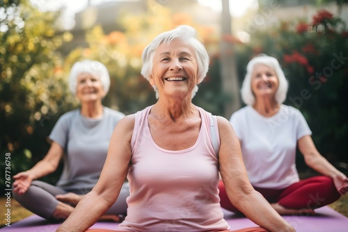senior ladies, grandmas, doing yoga exercises, old age, ageing, healthy lifestyle © Mockup Lab