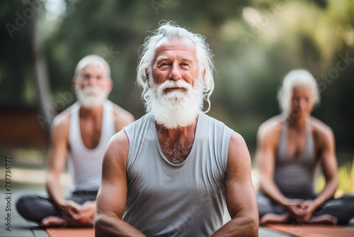 senior men, grandpa, doing yoga exercises, old age, ageing, healthy lifestyle © Mockup Lab