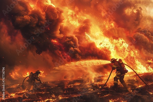 A group of firefighters in full gear standing in front of a huge fire, battling the raging inferno with determination and teamwork. Generative AI