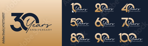 collection of 10 to 100th anniversary logotype design, with golden color for celebration event, wedding, greeting card, and invitation, vector illustration photo