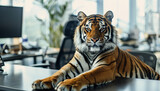 A tiger at a work desk in an office