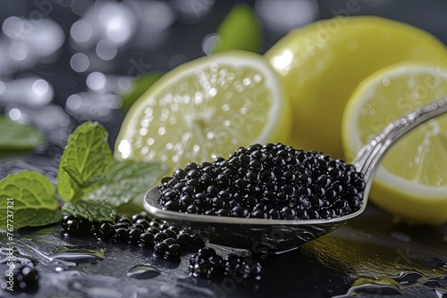 lemon with black caviar on a wooden table