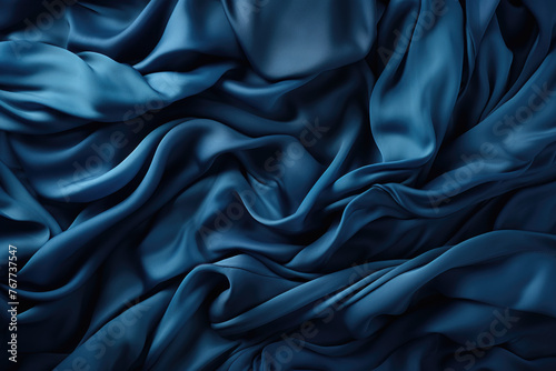 crumbled silk material viewed from above in shades of dark and light indigo blue on a black background