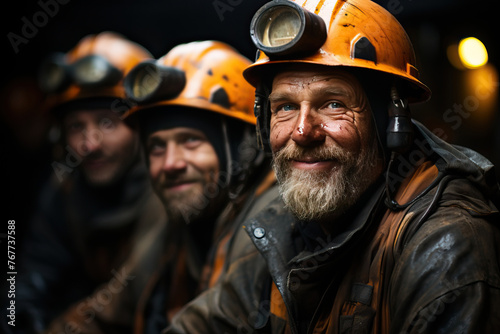 A group of miners in helmets with a flashlight, portraits of dirty miners. © Niko_Dali