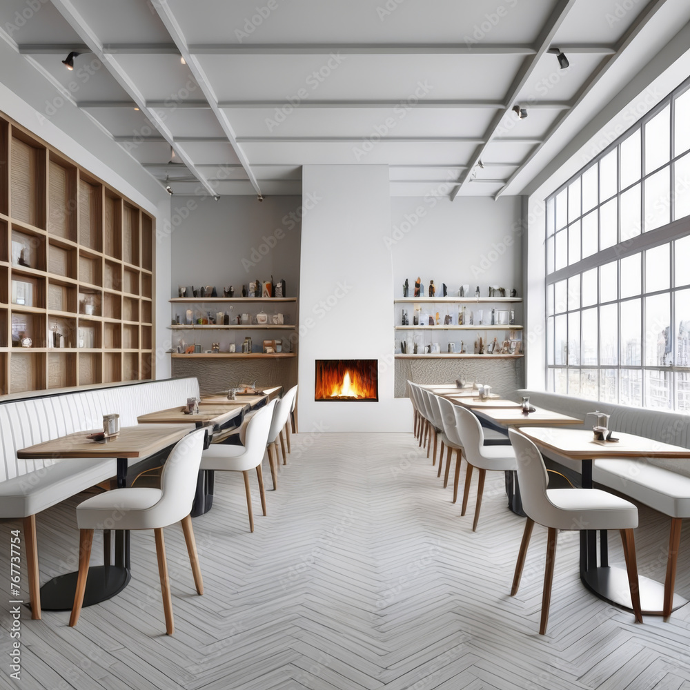 Interior of modern cafe with white walls, wooden floor, bar counter with white chairs and fireplace. 3d rendering