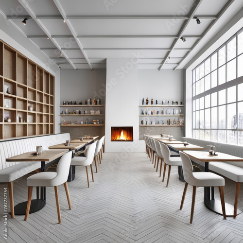 Interior of modern cafe with white walls, wooden floor, bar counter with white chairs and fireplace. 3d rendering