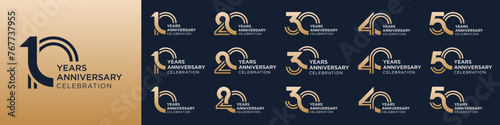 collection of 10 to 50th anniversary logotype design, with golden color for celebration event, wedding, greeting card, and invitation, vector illustration