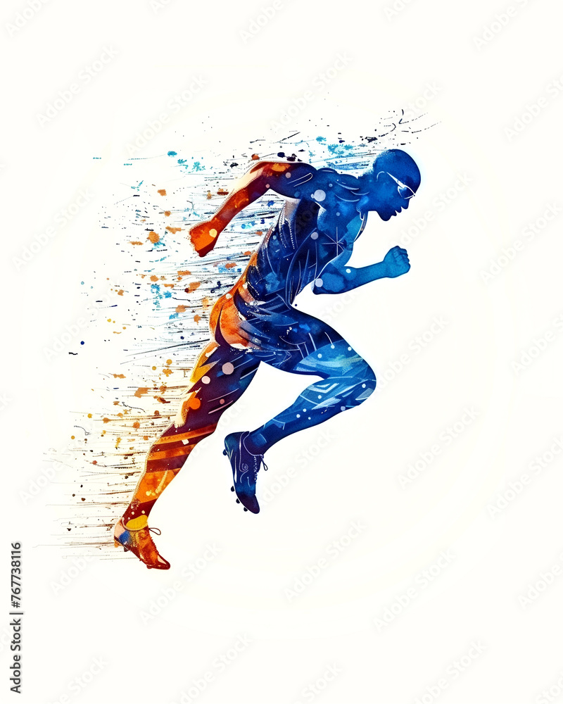 Silhouette of running athletes in watercolor style. Painting for sports games, competitions. The desire to win.