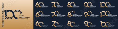 collection of 60 to 100th anniversary logotype design, with golden color for celebration event, wedding, greeting card, and invitation, vector illustration