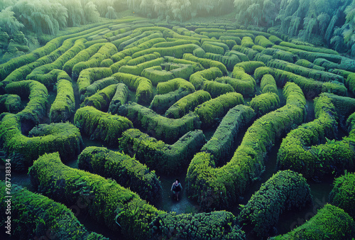 A labyrinth made of hedges in the middle of an enchanted forest, an aerial view, a small figure is lost among them