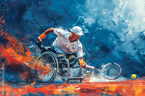 an athlete in a wheelchair plays tennis. desire to win. overcoming life's difficulties photo