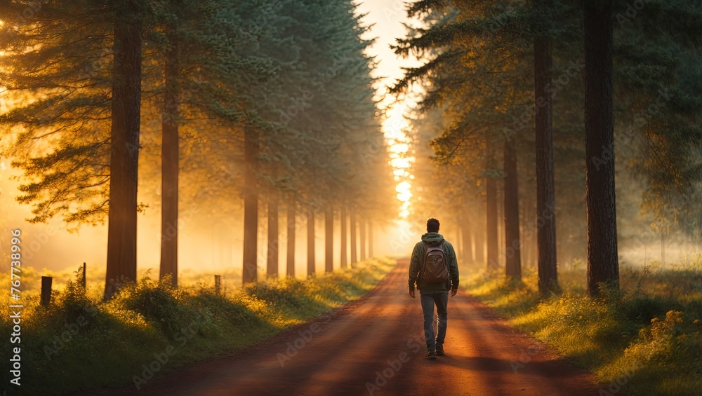 Man walking in the forest, Magnificent landscape, nature and forest image.