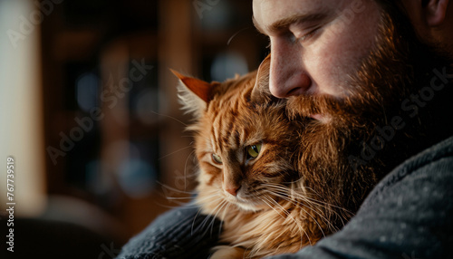 An affectionate portrait of a bearded man and his beloved pet orange cat photo