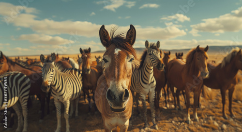 A photo of an epic scene with one zebra leading the way in front, surrounded by hundreds of horses running behind it on red dirt ground photo