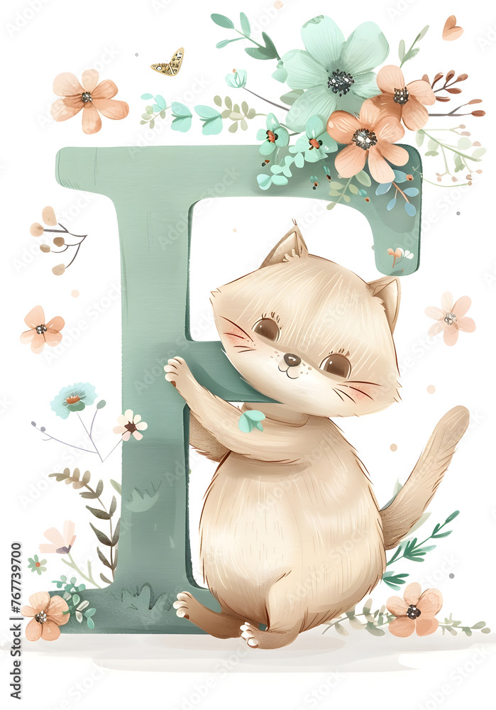 Charming Baby Cat Holding Floral Monogram Letter in Pastel Nursery