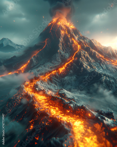 image of an erupting volcano. realistic image. emission of ash, lava. natural disasters photo