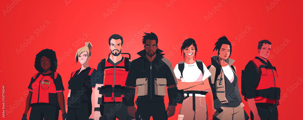 Obraz premium Banner illustration with a team of paramedics and rescue team