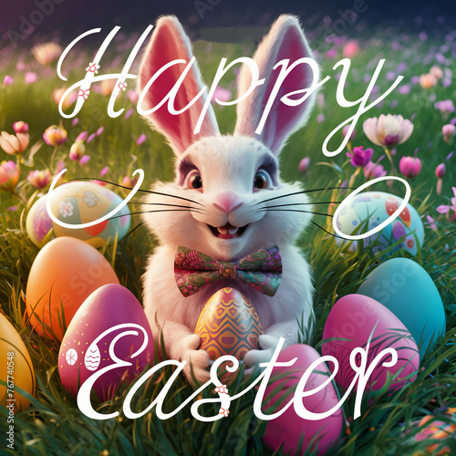 easter bunny with easter eggs, greetings post, social media post, 