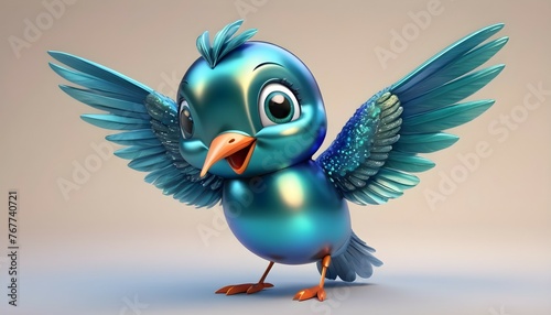 Cute 3D bubble hummingbird character, in pearly deep blue-green iridescent shining colour hues, adorable, childlike, cartoonish, smooth feathery feathery feathery texture, happy, hyperrealisti. photo