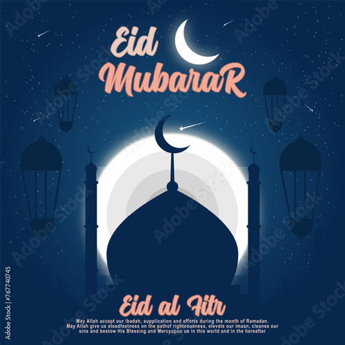 Eid Mubarak premium vector illustration design. Blue and dark gradient eid al fitr mubarak background with star and moon. Islamic light design eid mubarak.