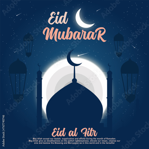 Eid Mubarak premium vector illustration design. Blue and dark gradient eid al fitr mubarak background with star and moon. Islamic light design eid mubarak.