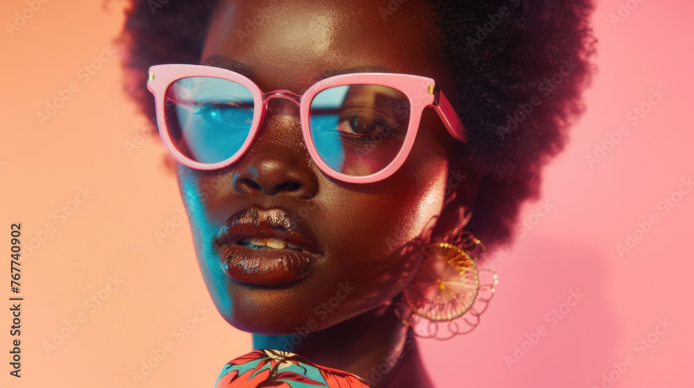 Charming young African American woman wearing pink sunglasses and a floral dress standing outdoors