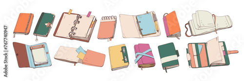 Paper notebooks, drawing sketchbooks, notepads set. Business planners, open n...